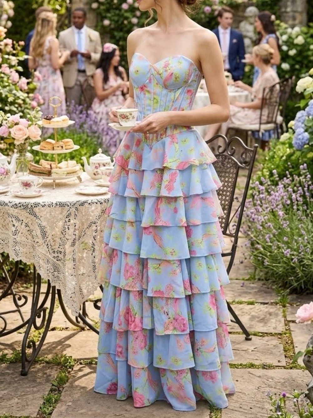 Elegant Blue Floral Tiered Strapless Dress